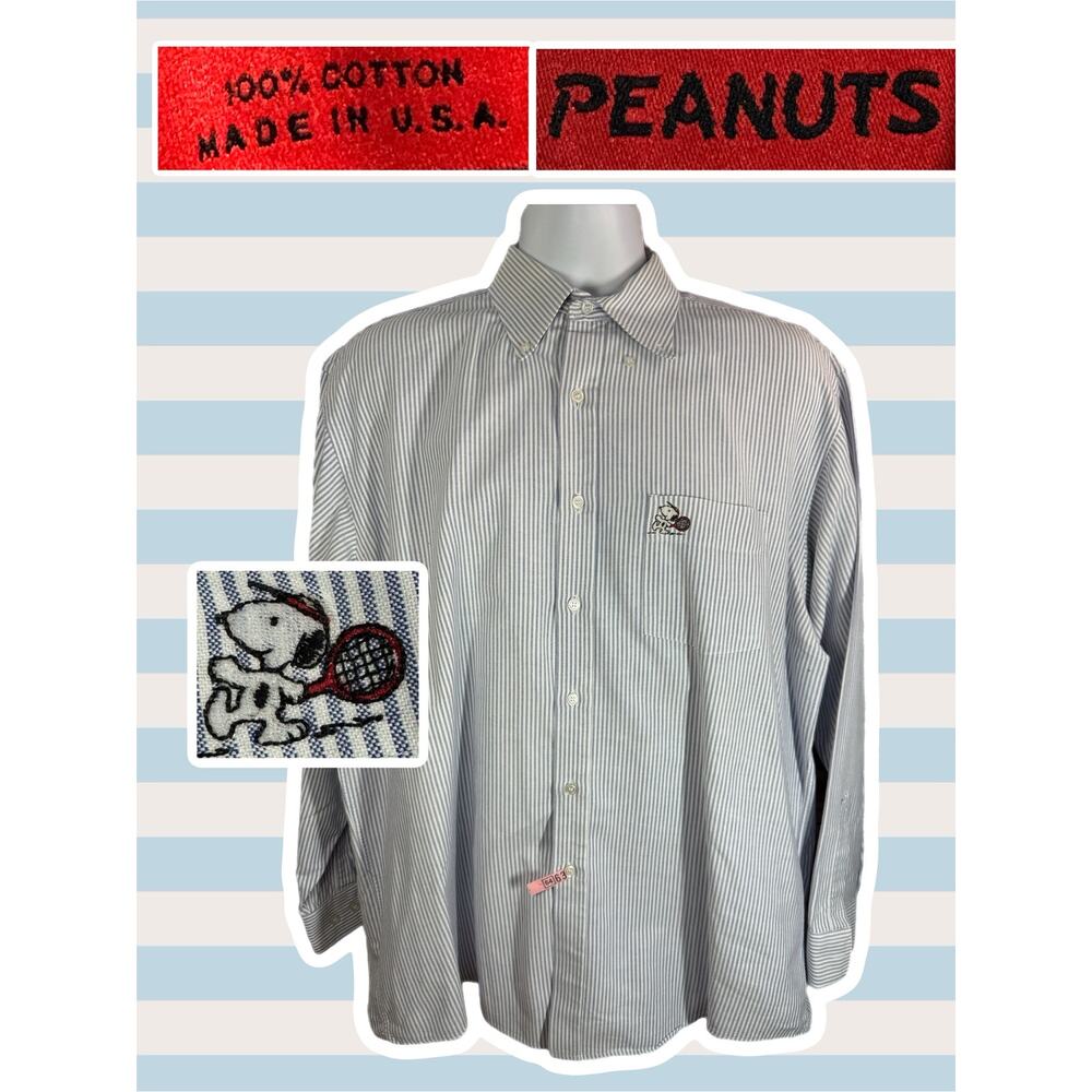 VINTAGE PEANUTS SNOOPY SHIRT — Blue Stripe Embroidered Button Front 2XL